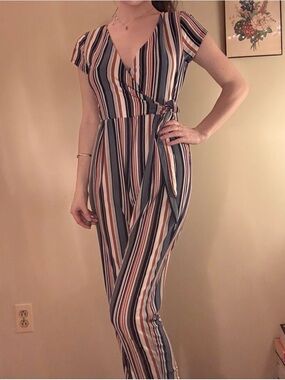 Derek Heart Striped Wrap Jumpsuit in Blue, Tan, Cream and Rust